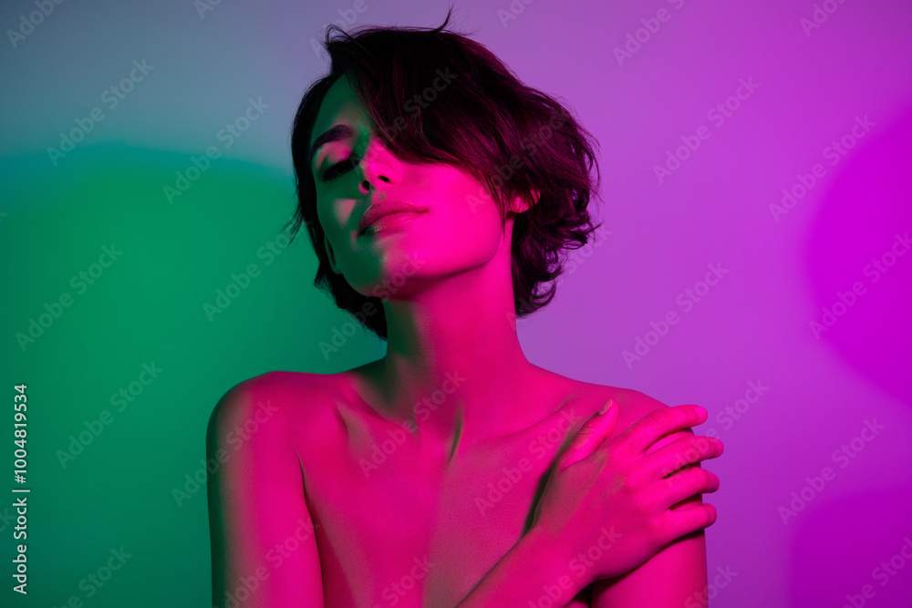 Photo of pretty girl feel tempting touch body tenderness isolated neon multicolor background Photo of pretty girl feel tempting touch body tenderness isolated neon multicolor background
