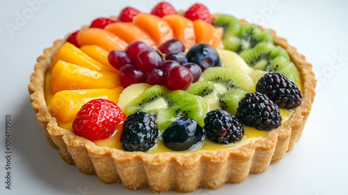 A colorful fruit tart with a buttery crust, filled with custard and topped with assorted fresh fruits.