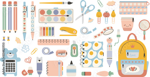 Set of study school supplies: backpack, pencils, brushes, paints, ruler, sharpener, stickers, calculator, glue, paperclips. Cute stationery. Back to school.