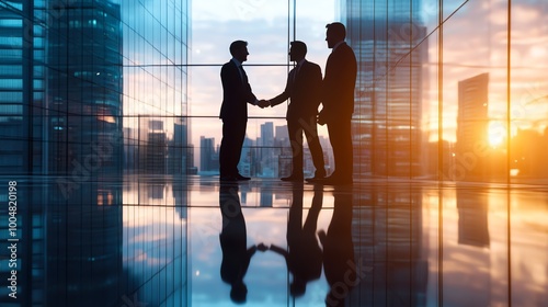 Three businessmen shake hands in an office building with a city skyline view.
