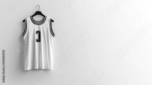 A white basketball jersey with black trim and the number 3 hangs on a black hanger against a white wall. photo