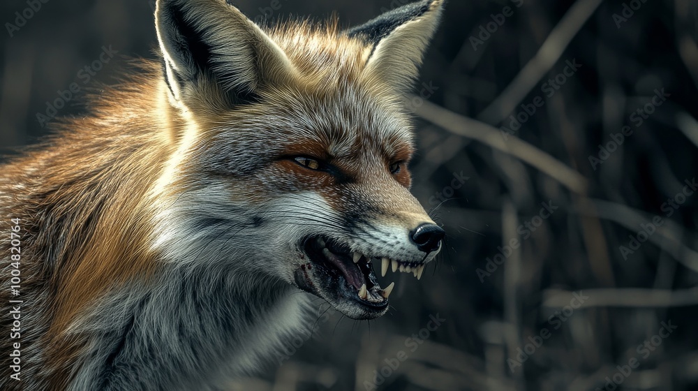 Fototapeta premium A fox with its mouth open and teeth bared. The fox is looking at the camera. Scene is tense and aggressive