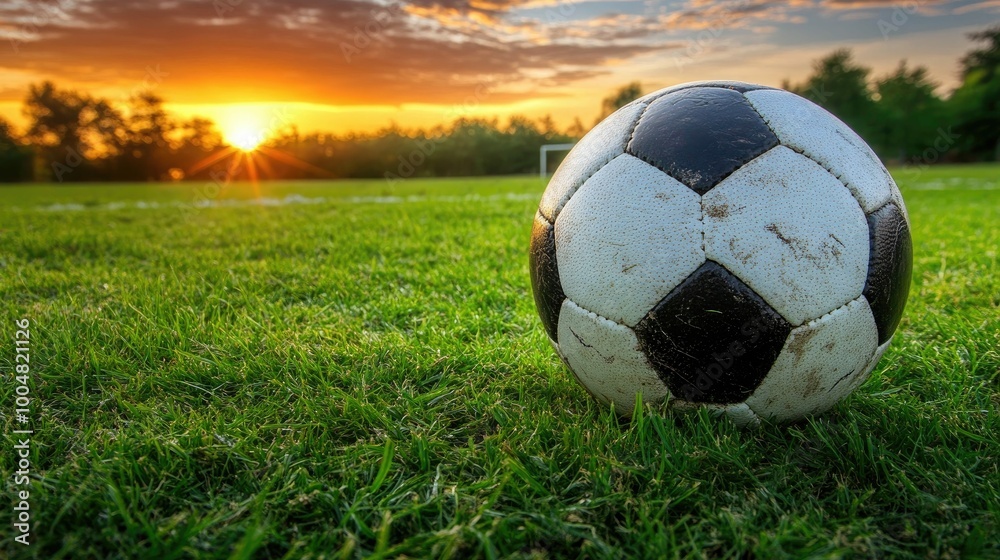 Fototapeta premium A worn soccer ball sits on a green field with a sunset in the background.