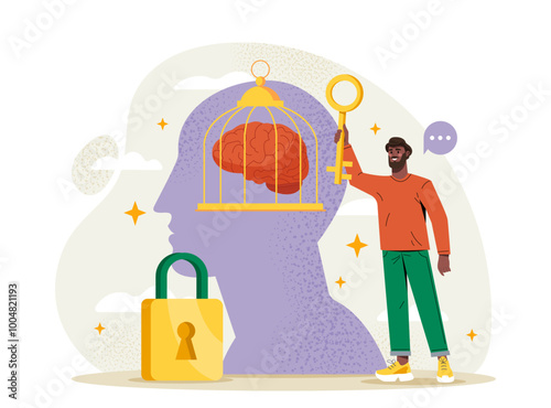 Brain in prison. Man with golden key in his hand near cage with brain inside. Boundary and barrier. Limitation and control. Flat vector illustration isolated on white background