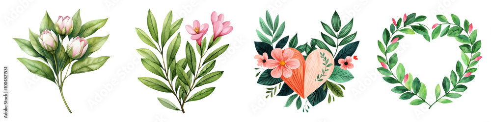 Naklejka premium A vibrant collection of floral elements, showcasing diverse blooms and greenery, perfect for decorative designs and romantic themes.