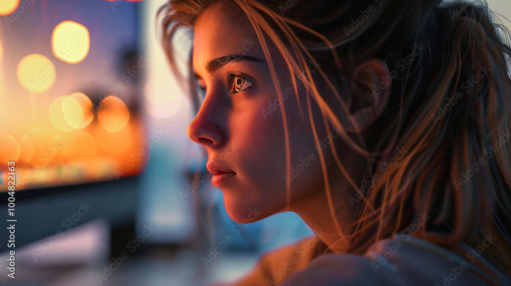 Joyful and beautiful woman engages in remote office work from home in cozy room. Girl using her computer for work, online shopping, internet browsing, education, distance learning and entertaining