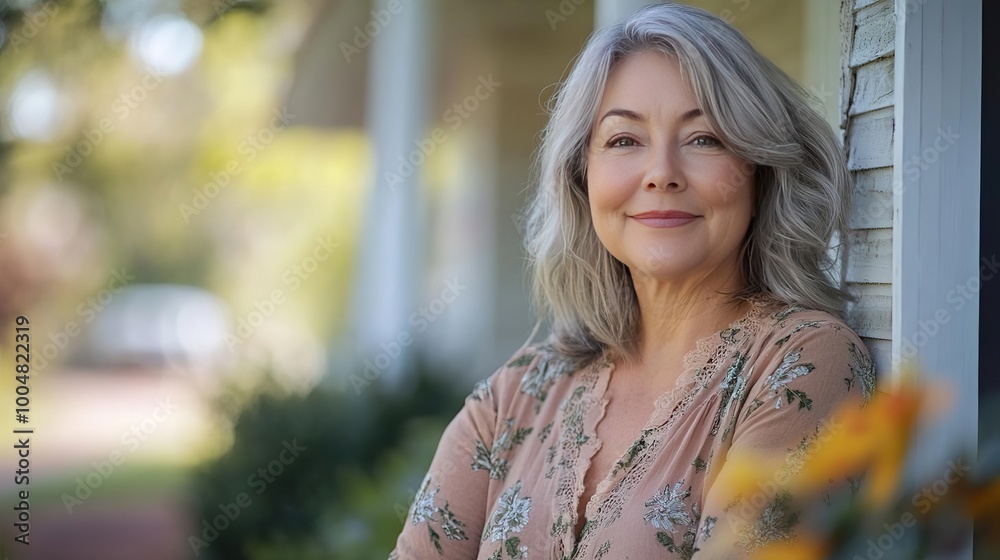 A cheerful senior woman with gray hair stands outside, exuding warmth and positivity in a sunny garden setting. A cheerful senior woman with gray hair stands outside, exuding warmth and positivity in a sunny garden setting.