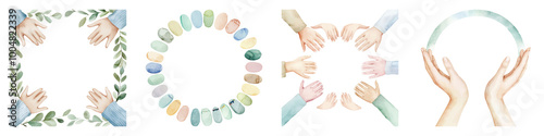 Four distinct shapes formed by hands and stones, symbolizing unity, connection, and creativity against a dark background.