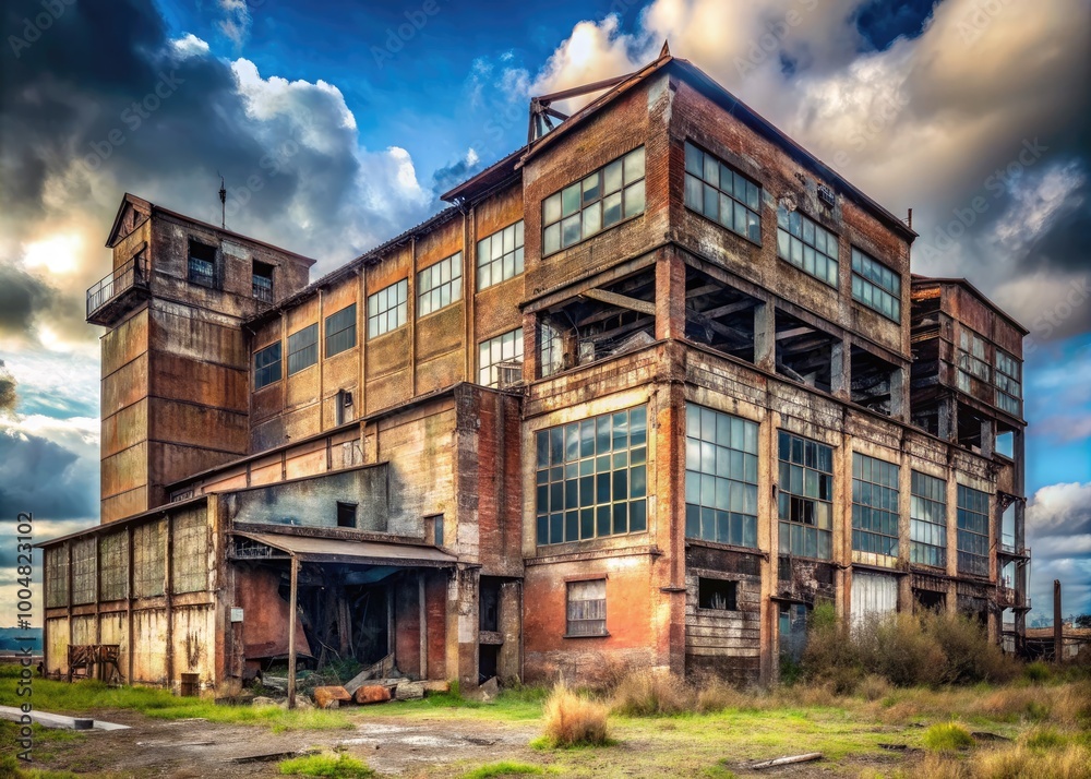 Abandoned old factory building with rusting metal structures and peeling paint in a desolate landscape Abandoned old factory building with rusting metal structures and peeling paint in a desolate landscape