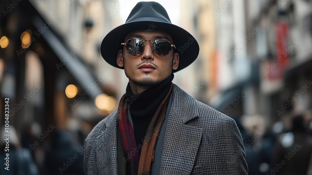 Stylish man in a hat and sunglasses stands confidently in a bustling urban street, showcasing modern fashion and charisma. Stylish man in a hat and sunglasses stands confidently in a bustling urban street, showcasing modern fashion and charisma.