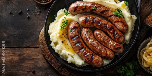 Grilled sausages served with mashed potatoes and garnished with herbs in a rustic cast iron pan, placed on a wooden table. Concept of comfort food, hearty meals, and traditional cuisine.
 photo