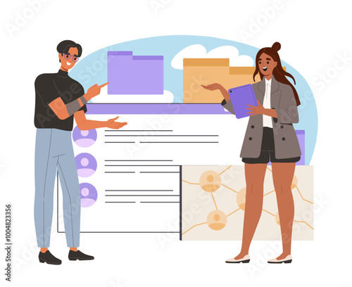 People with candidate selection. Man and woman discuss candidates for vacancy. Team of HR managers. Headhunting and recruitment. Flat vector illustration isolated on white background