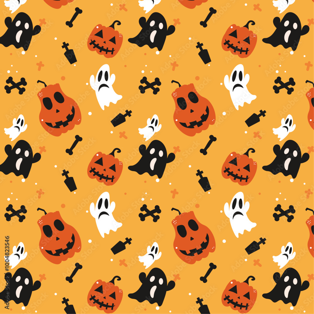 Fototapeta premium Halloween seamless pattern set with ghost,bones,pumpkins,tombstone,small circles,cross,elements. Halloween card, banner.Halloween pattern vector design for wrapping,packaging etc.