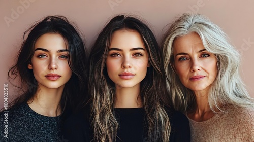 A captivating portrait of three women showcasing beauty, age diversity, and unique styles, against a soft pastel backdrop.