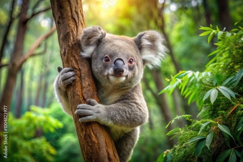 Adorable Koala Clinging to a Tree Branch in a Lush Green Forest Setting, Captivating Wildlife Moment