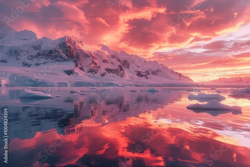 Polar sunset over icy waters and snow-covered mountains 