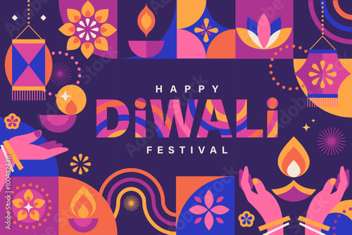 Diwali festival banner, card with symbols of holiday in minimal geometric style-oil lamp,lotus,fire.Template design for web and social media, Diwali festival with Rangoli decoration with Diya.Vector