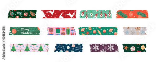 Collection of Christmas washi tapes. Colorful New Year strips for scrapbooking, sticky labels and decorative tape. Border elements.