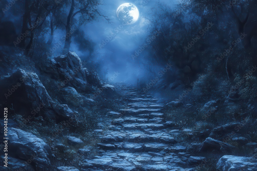Fototapeta premium enigmatic forest illuminated by a full moon featuring a misty path that leads to a haunting halloween scene evoking feelings of mystery and intrigue