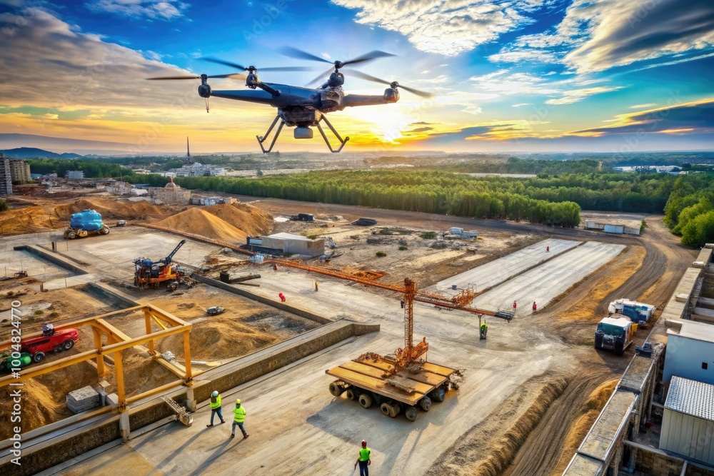 Naklejka premium Aerial View of Industrial Drone Flying Over Construction Site with Machinery and Workers Below