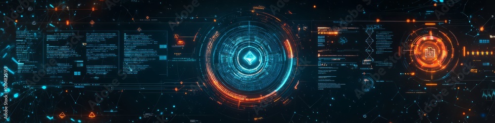 Obraz premium Futuristic Banner Cybersecurity Interface with Advanced Firewalls and Blockchain Technologies