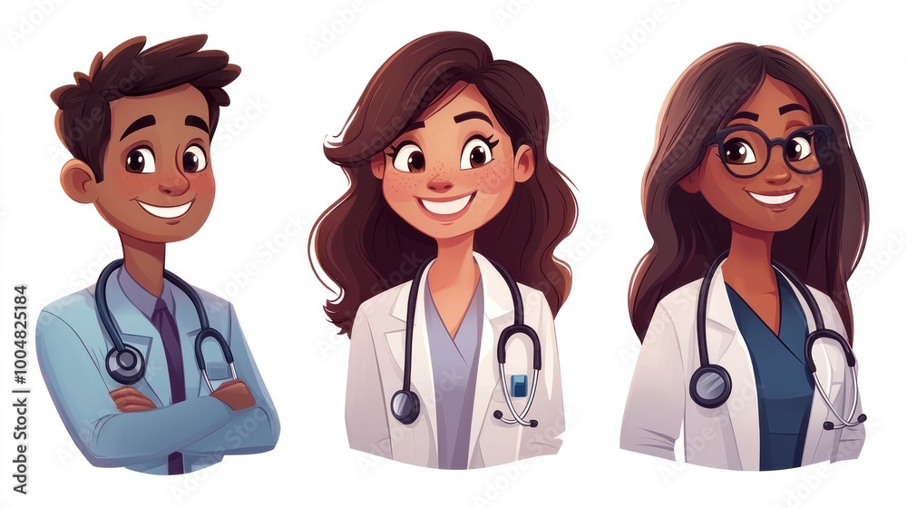 Smiling People Closeup Portrait Set Cute Cartoon Medical Male and Female Avatars Multi-ethnic Man and Woman Faces Isolated on White Background Smiling People Closeup Portrait Set Cute Cartoon Medical Male and Female Avatars Multi-ethnic Man and Woman Faces Isolated on White Background
