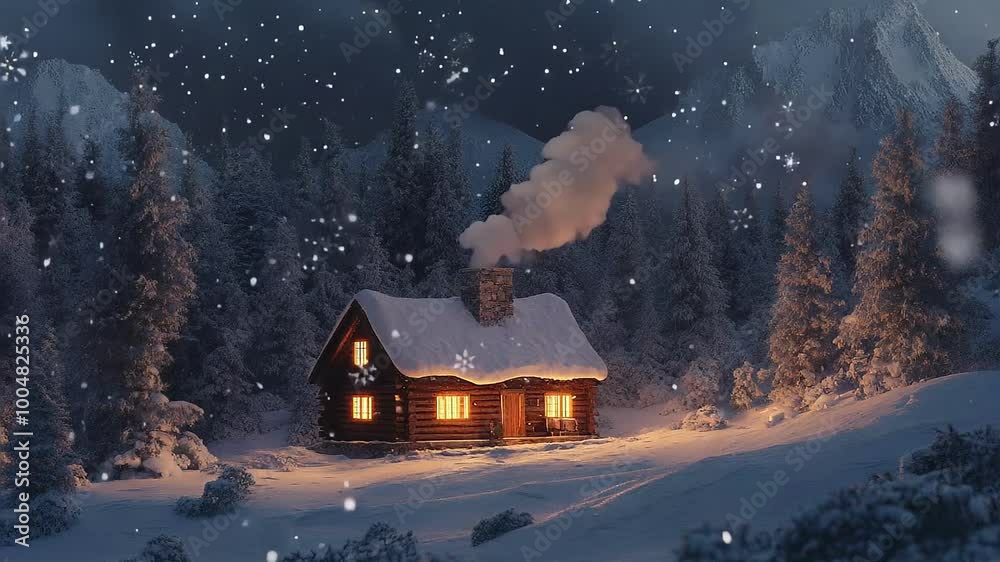 Cozy Snowy Cabin in Winter Forest with Falling Snow Seamless Loop Cozy Snowy Cabin in Winter Forest with Falling Snow Seamless Loop