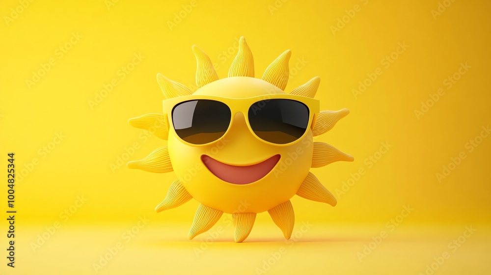 Smiling sun wearing sunglasses on a yellow background. Smiling sun wearing sunglasses on a yellow background.