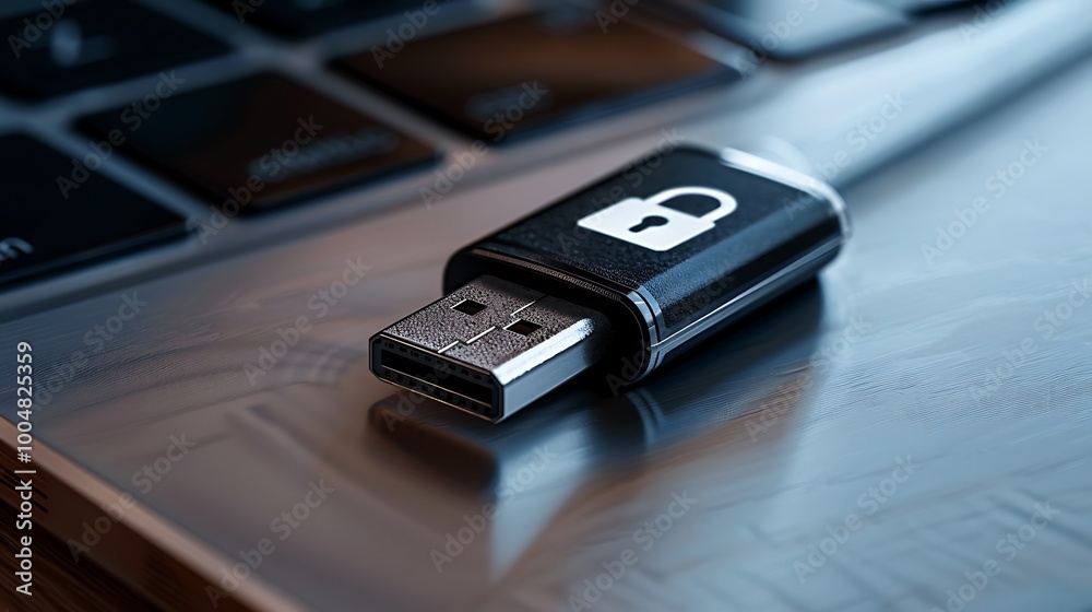 Detailed image of a USB flash drive featuring a lock symbol emphasizing secure data transfer when connected to a laptop illustrating modern data protection techniques in technology Detailed image of a USB flash drive featuring a lock symbol emphasizing secure data transfer when connected to a laptop illustrating modern data protection techniques in technology