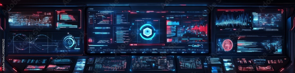 Obraz premium Futuristic Banner Cybersecurity Interface with Advanced Firewalls and Blockchain Technologies