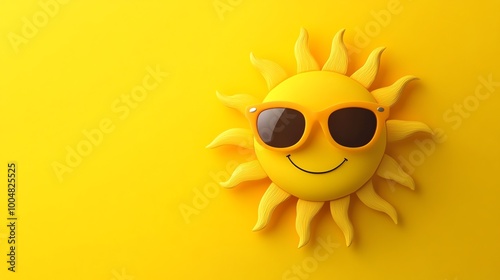 Smiling cartoon sun wearing sunglasses against a bright yellow background.