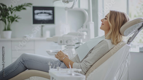 Comfortable dental visit as a patient enjoys relaxation in a modern dental office with natural light and soothing ambiance