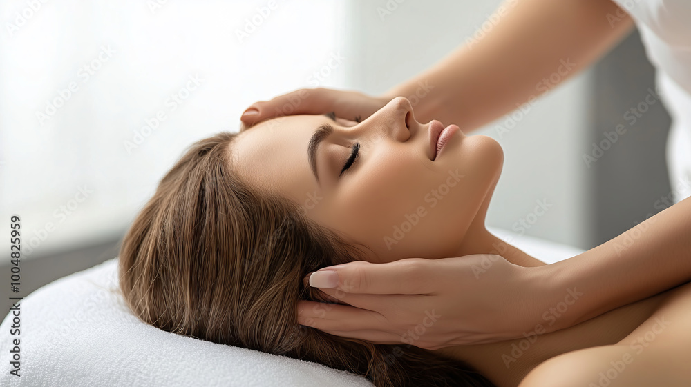 A woman enjoying a relaxing facial treatment while lying on a comfortable bed in a serene spa environment A woman enjoying a relaxing facial treatment while lying on a comfortable bed in a serene spa environment