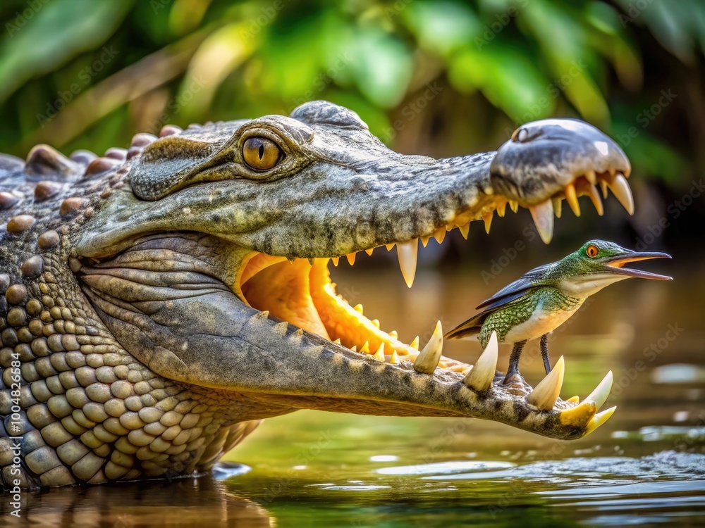 Fototapeta premium Bird Engaging in Unique Behavior by Cleaning Teeth of Crocodile in Tropical Natural Habitat