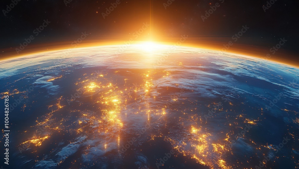 Panoramic view on planet Earth globe from space. Glowing city lights, light clouds. Panoramic view on planet Earth globe from space. Glowing city lights, light clouds.