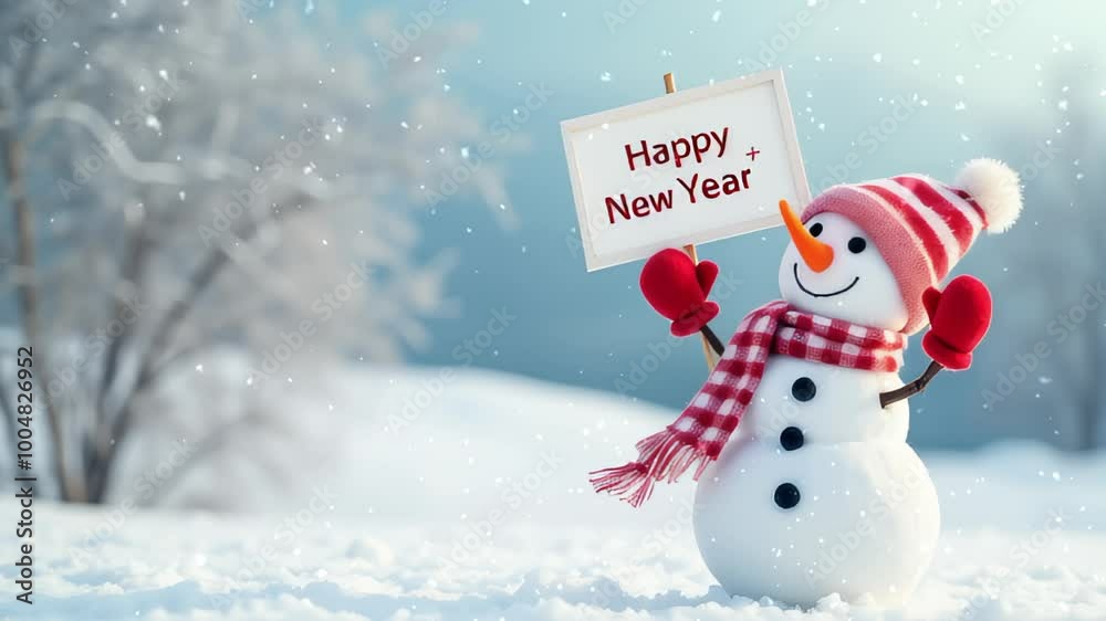 Charming Snowman with Happy New Year Sign Welcoming the Snowy Season. Festive New Year Background. Charming Snowman with Happy New Year Sign Welcoming the Snowy Season. Festive New Year Background.