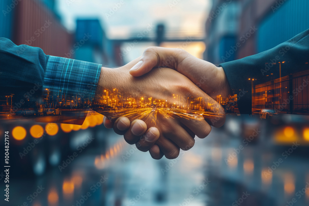 custom made wallpaper toronto digitalHandshaking between business partners amid bustling international logistics transportation hub at twilight