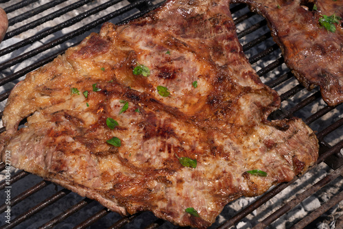 Barbecue outdoors. Closeup view of crispy por meat marinated with herbs, in the grill.