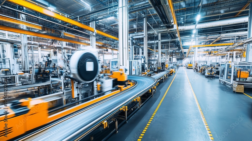 Modern industrial factory interior with automated conveyor systems transporting goods in real-time operation Modern industrial factory interior with automated conveyor systems transporting goods in real-time operation