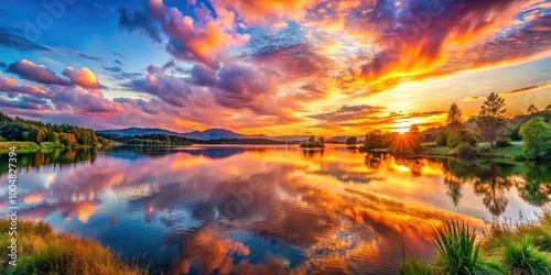 Wallpaper Mural Breathtaking Sunset Over Tranquil Lake with Vibrant Colors and Stunning Panorama Landscape Views Torontodigital.ca