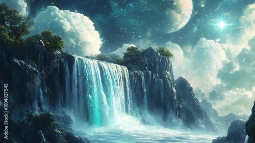 Seamless Looping Waterfall Under Night Sky with Clouds and Moon