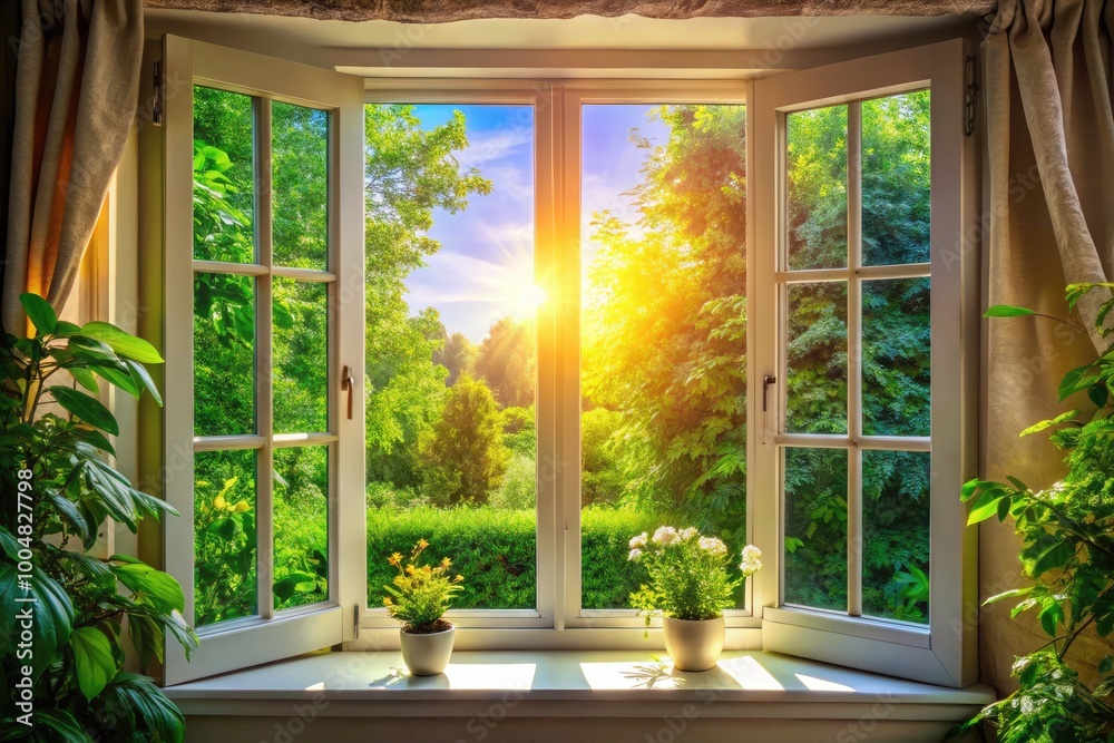 Fototapeta premium Bright and Inviting Open Window in a Cozy Home with Natural Light and Lush Greenery Outside