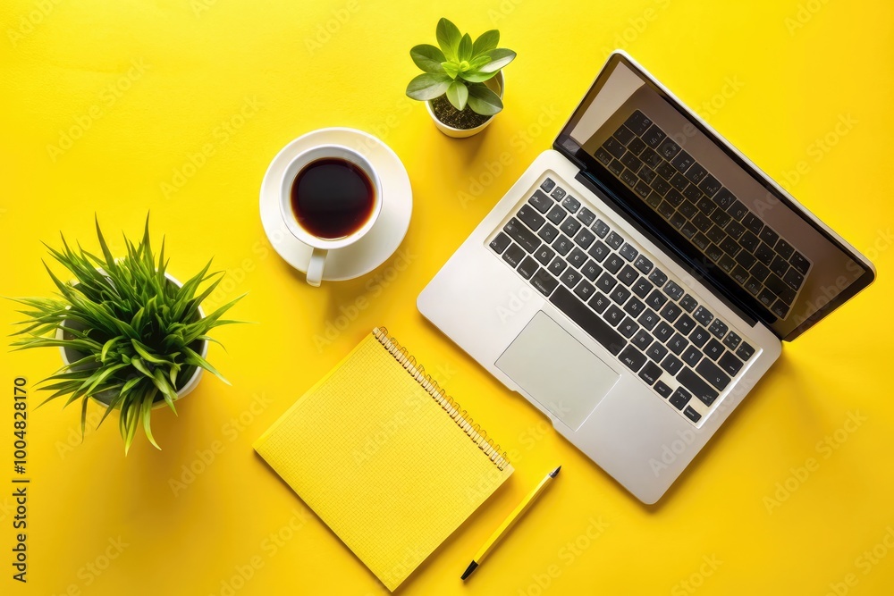 Bright Yellow Desk Workspace with Laptop, Coffee, Notebook, Mobile, and Plant - Flat Lay Arrangement Bright Yellow Desk Workspace with Laptop, Coffee, Notebook, Mobile, and Plant - Flat Lay Arrangement