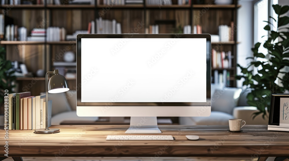 Blank computer screen mockup on a wooden desk in a modern home office interior. Blank computer screen mockup on a wooden desk in a modern home office interior.