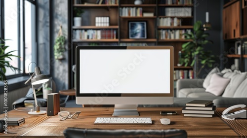 Blank computer screen mockup on a wooden desk in a modern home office interior.