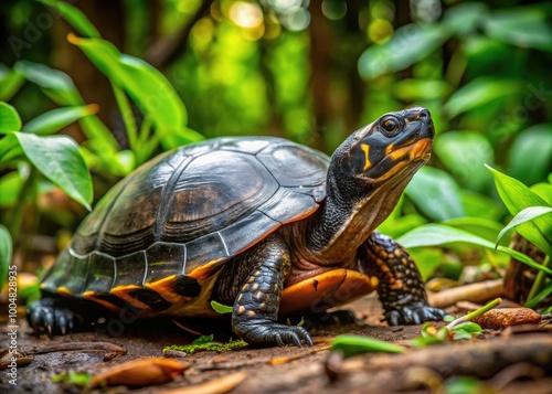 Captivating Black Breasted Leaf Turtle Resting on Leafy Ground in Natural Habitat of Southeast Asia