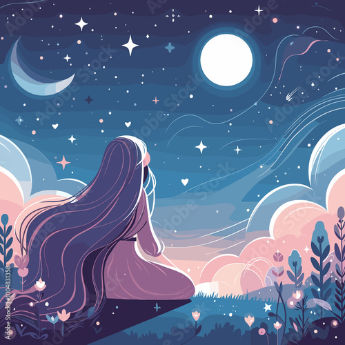 Girl Observing The Moon Flat Vector Illustration Design photo