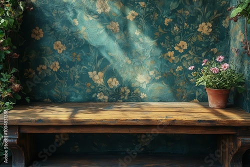 blank wood table adorned with a vintage green wallpaper background sunkissed in a summer setting inviting a sense of nostalgia and warmth perfect for gatherings or leisurely afternoons photo