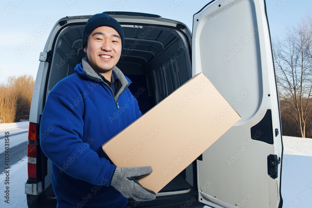 Delivery worker holding a cardboard box in front of an open van on a winter day Delivery worker holding a cardboard box in front of an open van on a winter day