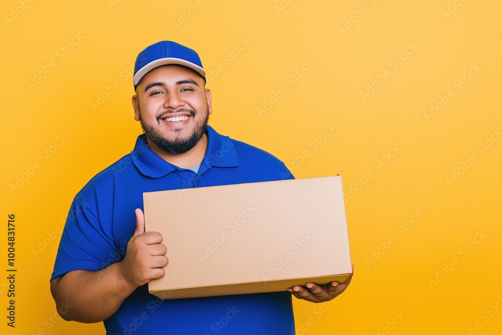 Smiling Latino delivery man in blue uniform holding a cardboard box against yellow background Smiling Latino delivery man in blue uniform holding a cardboard box against yellow background